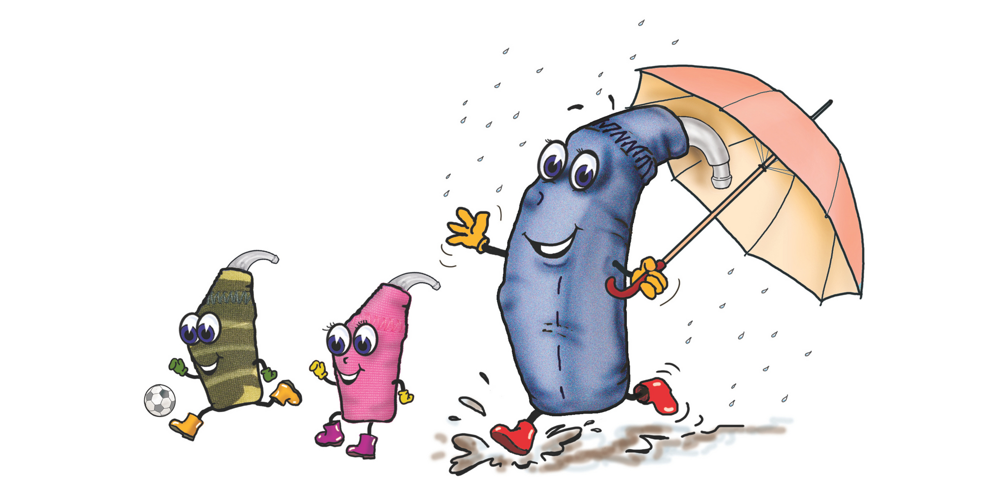Cartoon hearing aids wearing ear gear in the rain and playing football